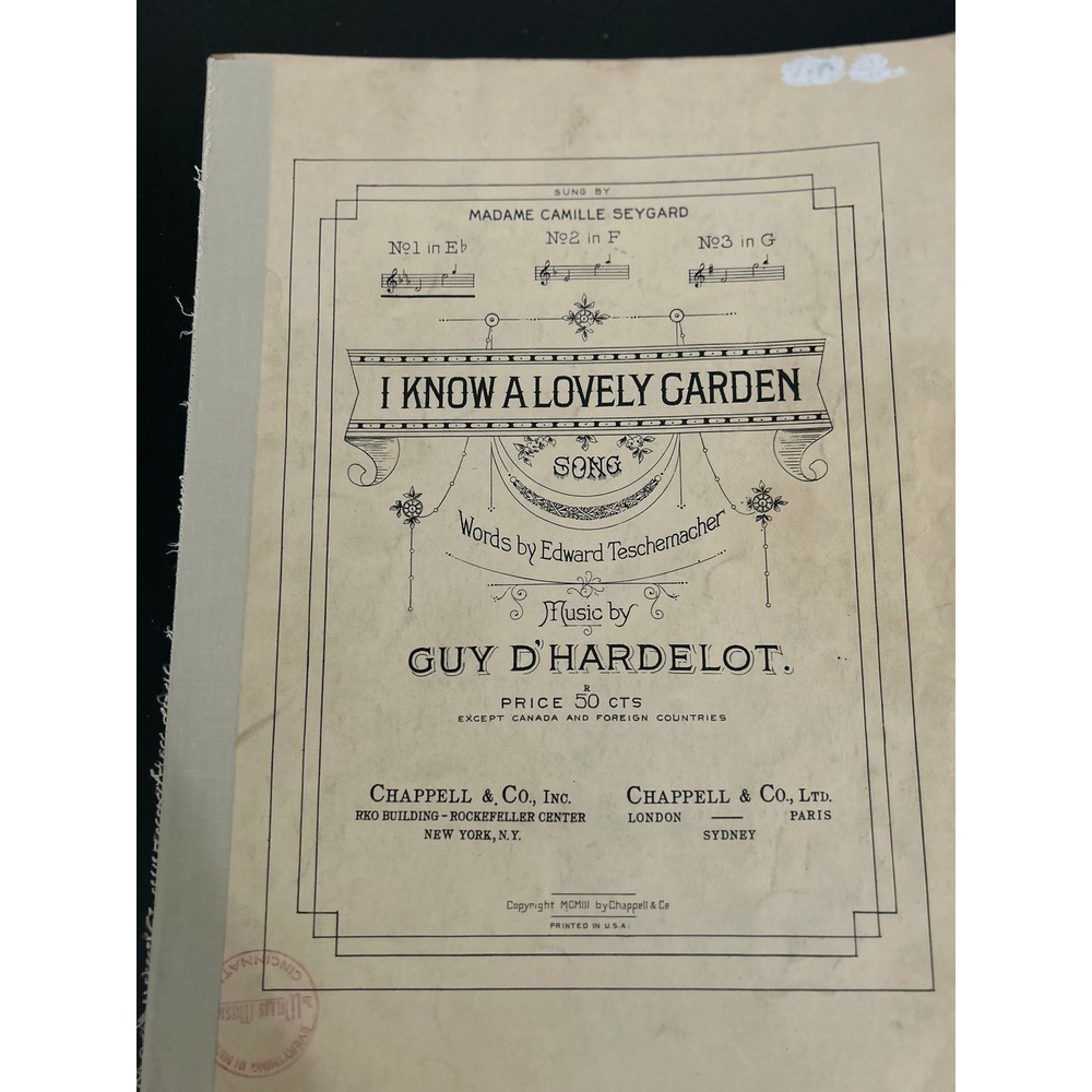 Sheet Music I Know A Lovely Garden Vintage Guy Hardelot Chappell Co Piano Vocal